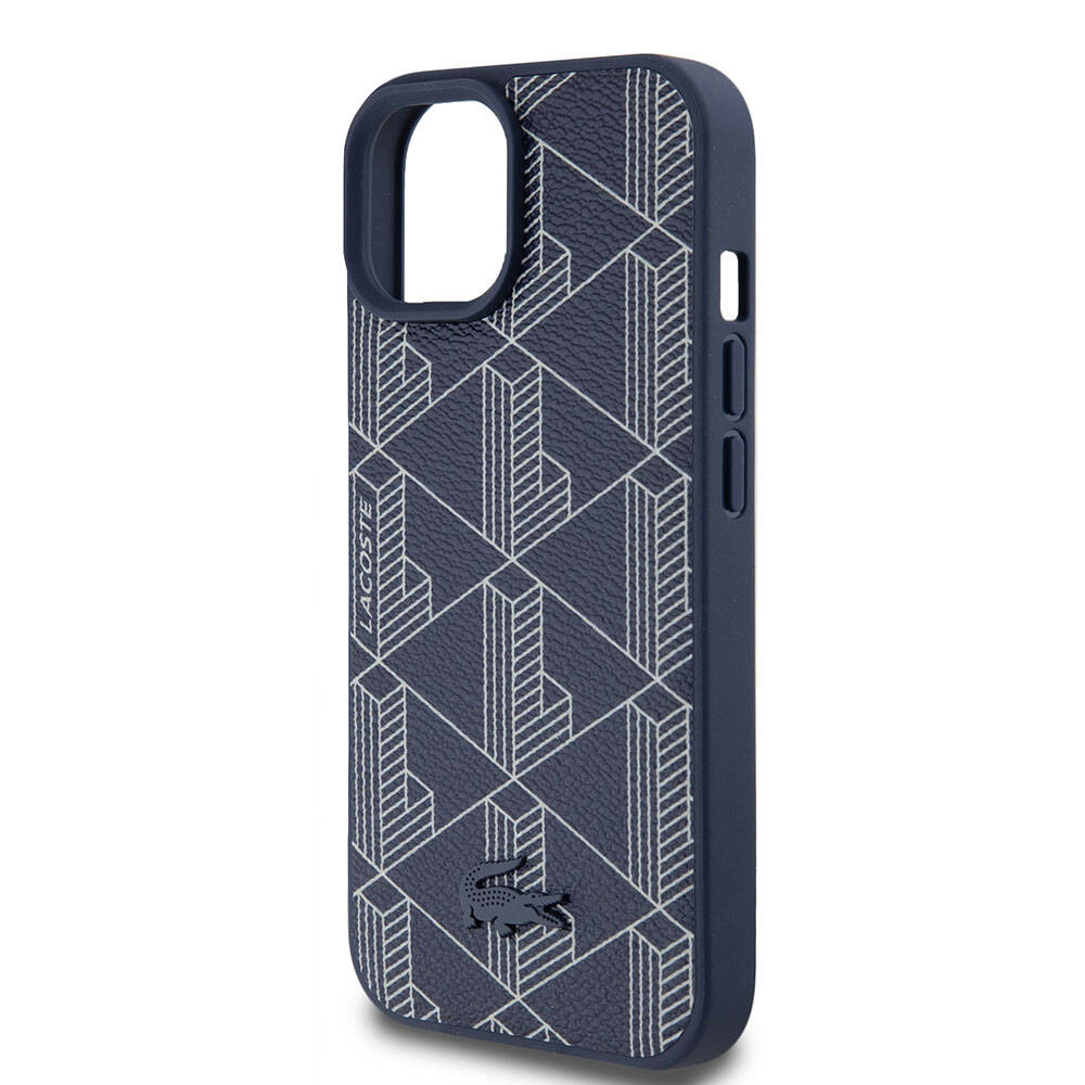 iPhone 15 Kılıf Lacoste orijinal Lisanslı M-safe Şarj Özellikli PU Deri Görünümlü Karışık Monogram Desenli Kılıf