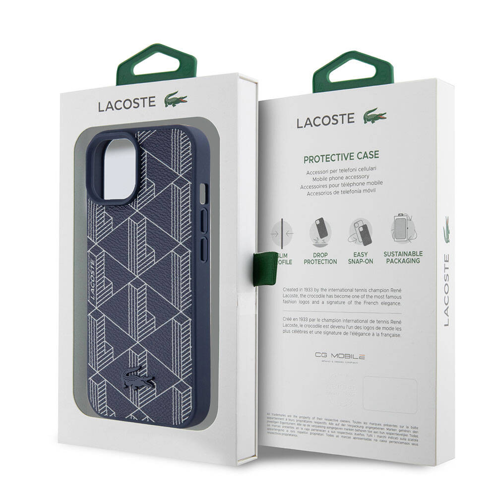 iPhone 15 Kılıf Lacoste orijinal Lisanslı M-safe Şarj Özellikli PU Deri Görünümlü Karışık Monogram Desenli Kılıf
