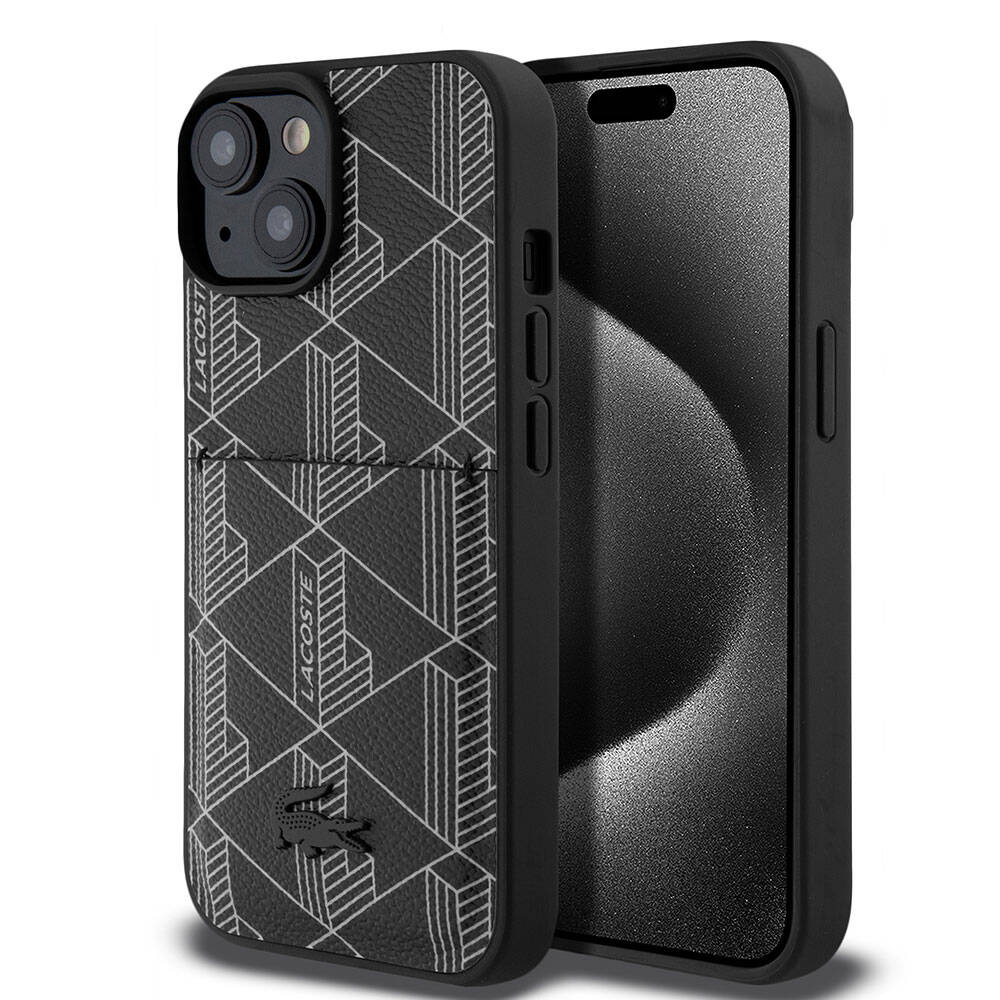 iPhone 15 Kılıf Lacoste orijinal Lisanslı M-safe Şarj Özellikli PU Deri Görünümlü Kartlıklı Karışık Monogram Desenli Kılıf