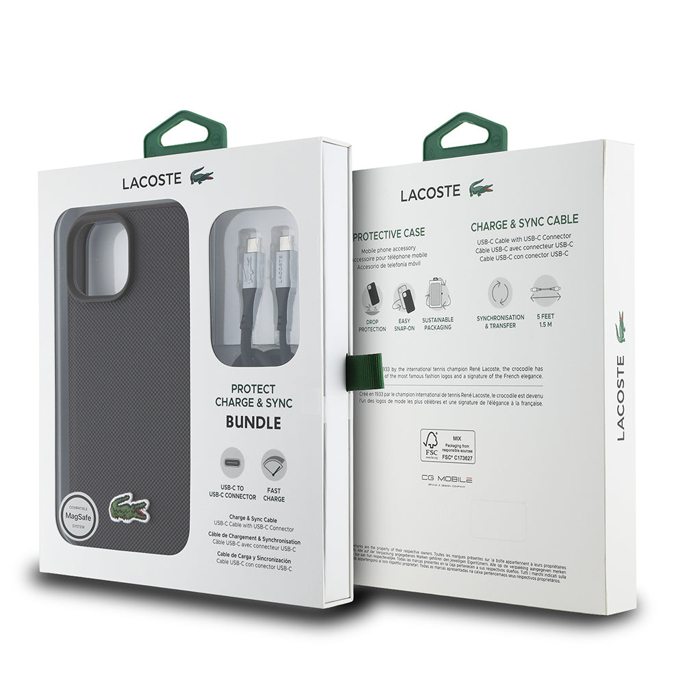 iPhone 15 Kılıf Lacoste orijinal Lisanslı PU Pike Desenli Arka Yüzey İkonik Timsah Dokuma Logolu Kılıf + Type-C Kablo 1.5m
