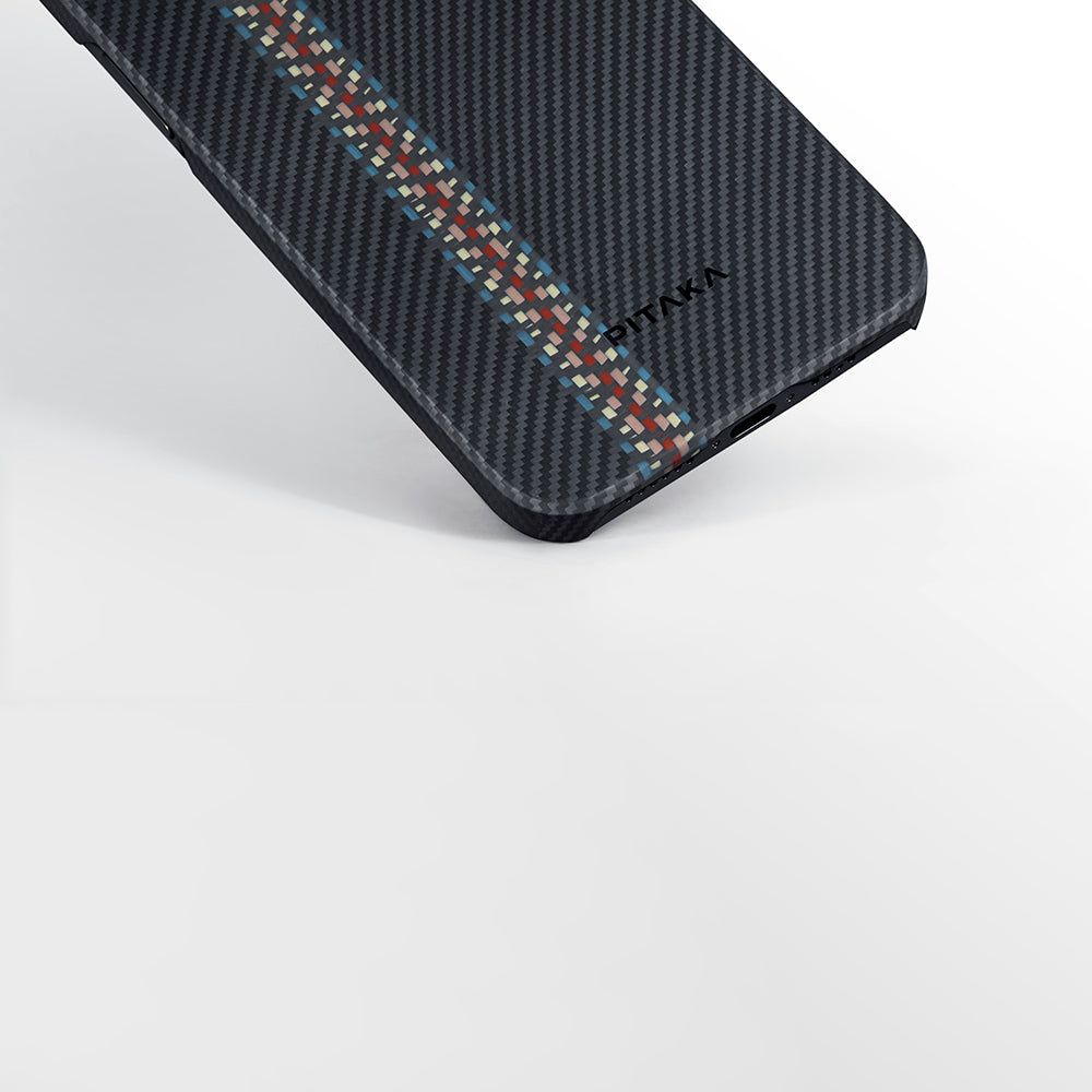 iPhone 15 Kılıf M-safe Şarj Özellikli 600D Aramid Karbon Fiber Pitaka Tactile Woven Orchestra Serisi Rhapsody Kılıf