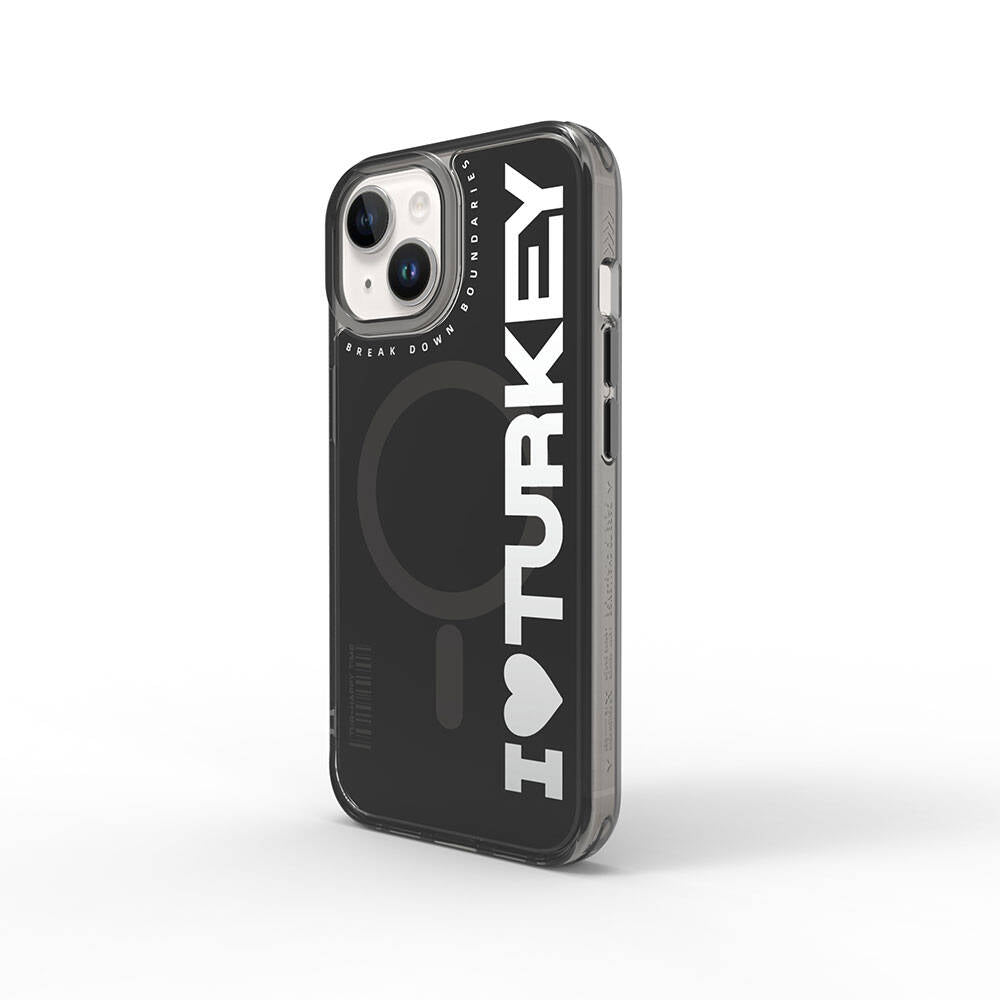 iPhone 15 Kılıf M-safe Şarj Özellikli I Love Turkey Yazı Desenli Wiwu Turkey E Serisi Kılıf