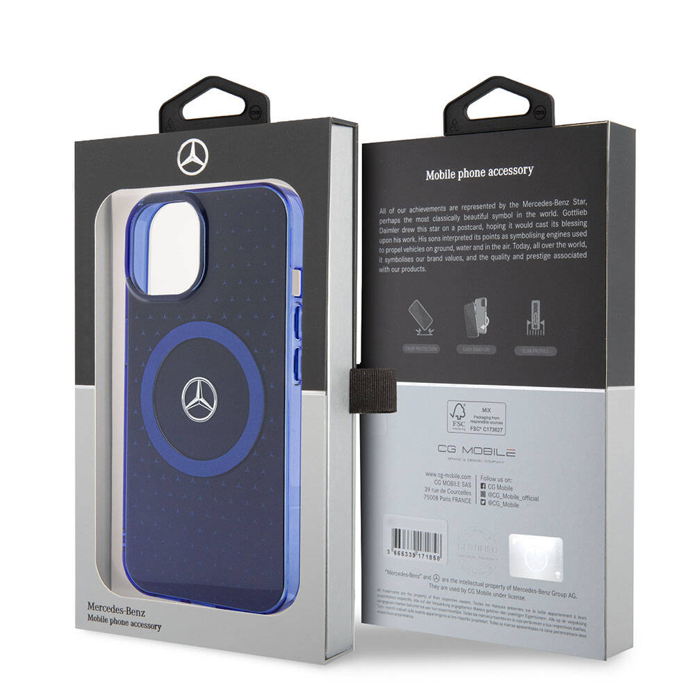 iPhone 15 Kılıf Mercedes Benz Orijinal Lisanslı M-safe Şarj Özellikli Çift Katmanlı Mavi Yıldız Desenli Kılıf