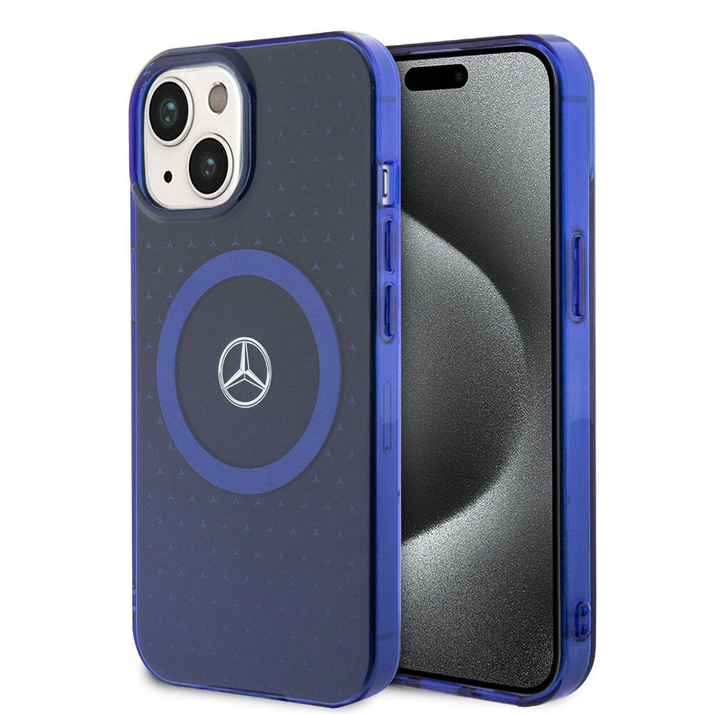 iPhone 15 Kılıf Mercedes Benz Orijinal Lisanslı M-safe Şarj Özellikli Çift Katmanlı Mavi Yıldız Desenli Kılıf