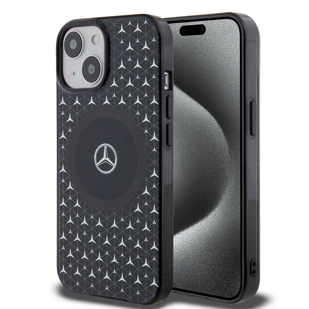 iPhone 15 Kılıf Mercedes Benz Orijinal Lisanslı M-safe Şarj Özellikli Çift Katmanlı Mini Yıldız Desenli Kılıf