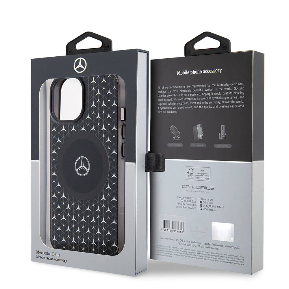 iPhone 15 Kılıf Mercedes Benz Orijinal Lisanslı M-safe Şarj Özellikli Çift Katmanlı Mini Yıldız Desenli Kılıf