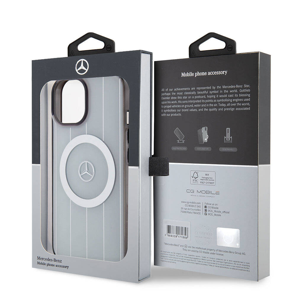 iPhone 15 Kılıf Mercedes Benz Orijinal Lisanslı M-safe Şarj Özellikli Çift Katmanlı Paralel Çizgi Desenli Kılıf