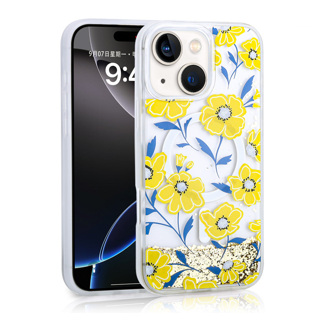 iPhone 15 Kılıf Sıvılı Simli Baskılı Şeffaf Arka Yüzey Zore Mossa Silikon Kılıf