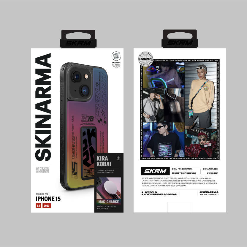 iPhone 15 Kılıf SkinArma Holografik Tasarımlı Standlı Deri Görünümlü Kira Kobai Kılıf