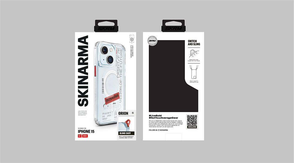 iPhone 15 Kılıf SkinArma M-safe Şarj Özellikli Yazı Desenli Airbag Tasarımlı Orion Kılıf