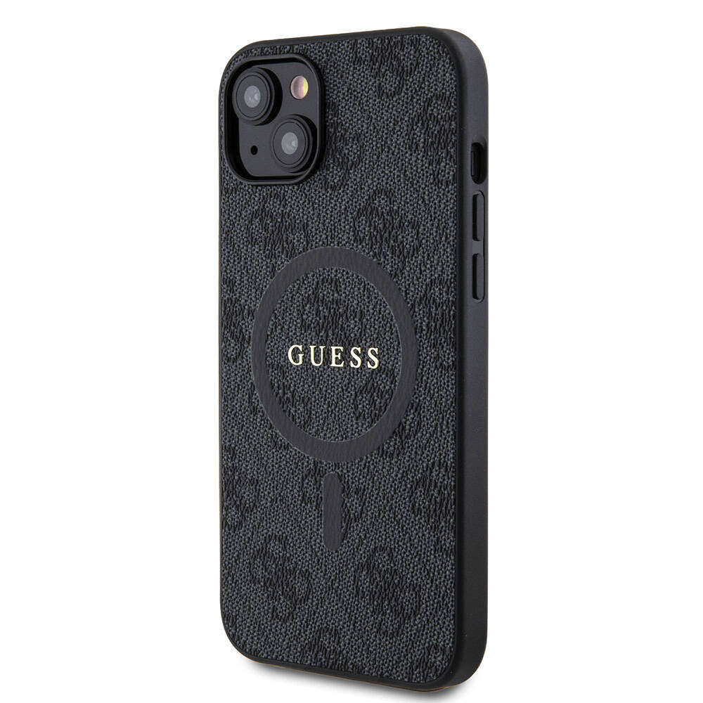 iPhone 15 Plus Guess Orijinal Lisanslı M-safe Şarj Özellikli PU Halkalı 4G Desenli Yazı Logolu Kılıf