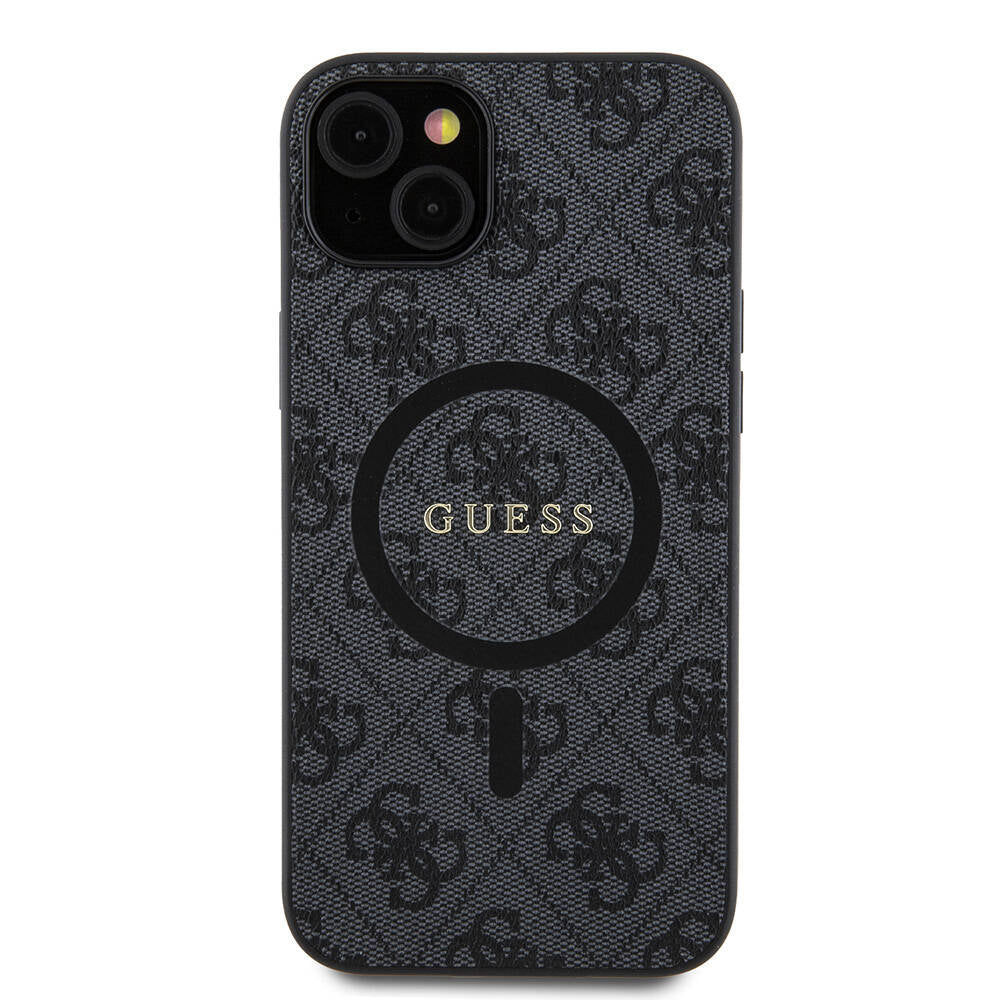 iPhone 15 Plus Guess Orijinal Lisanslı M-safe Şarj Özellikli PU Halkalı 4G Desenli Yazı Logolu Kılıf