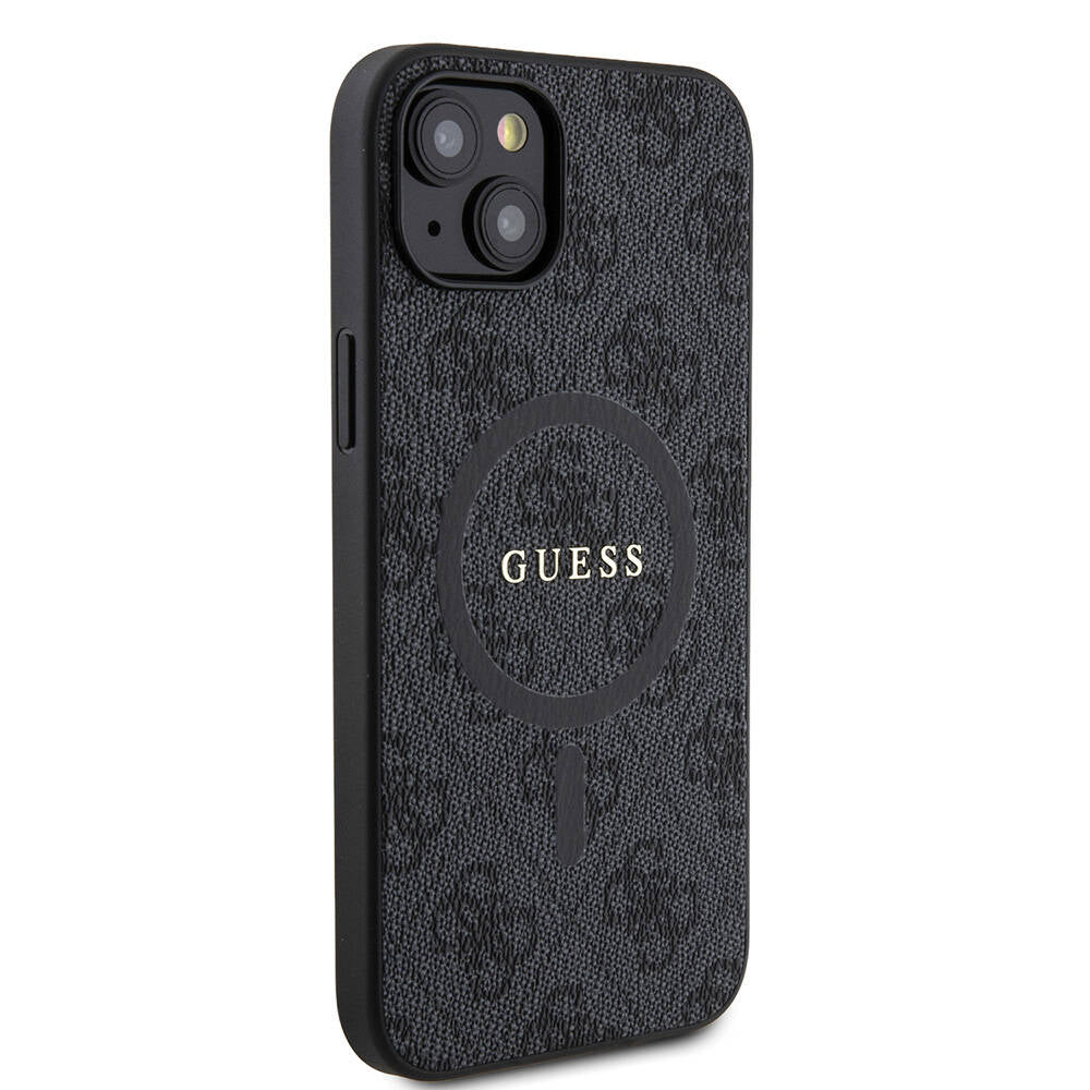 iPhone 15 Plus Guess Orijinal Lisanslı M-safe Şarj Özellikli PU Halkalı 4G Desenli Yazı Logolu Kılıf