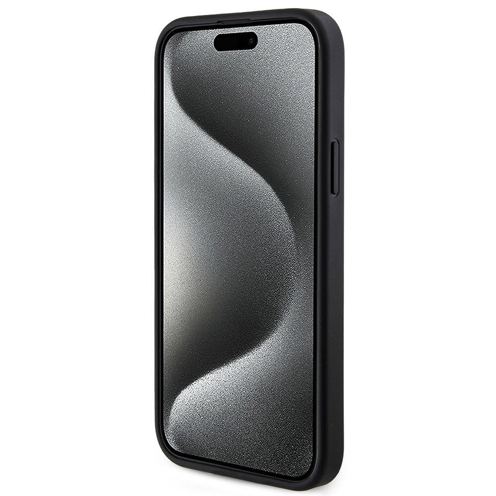 iPhone 15 Plus Guess Orijinal Lisanslı M-safe Şarj Özellikli PU Halkalı 4G Desenli Yazı Logolu Kılıf