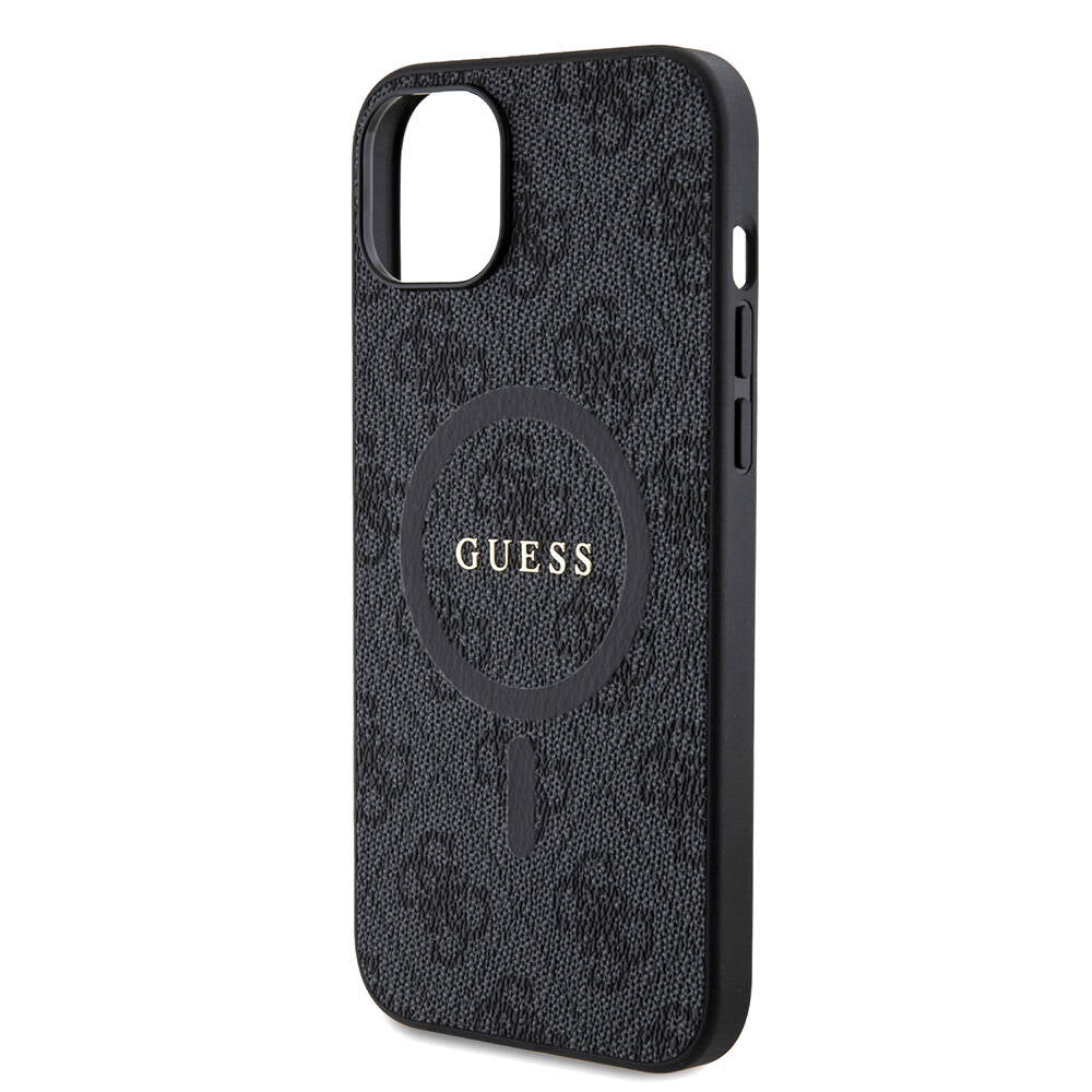 iPhone 15 Plus Guess Orijinal Lisanslı M-safe Şarj Özellikli PU Halkalı 4G Desenli Yazı Logolu Kılıf
