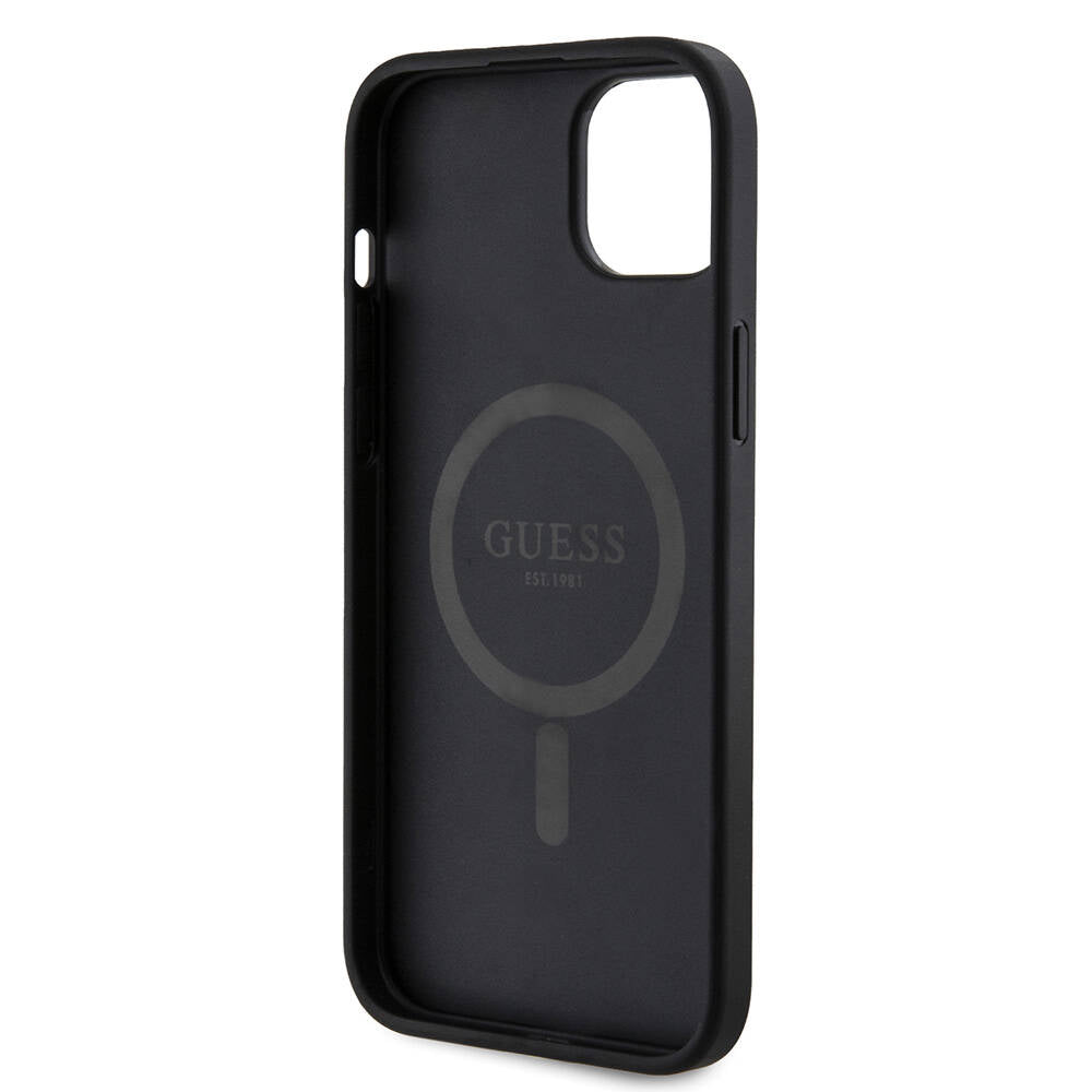 iPhone 15 Plus Guess Orijinal Lisanslı M-safe Şarj Özellikli PU Halkalı 4G Desenli Yazı Logolu Kılıf