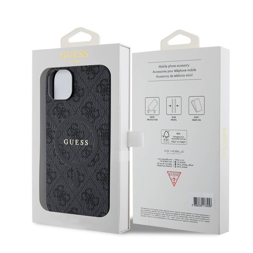 iPhone 15 Plus Guess Orijinal Lisanslı M-safe Şarj Özellikli PU Halkalı 4G Desenli Yazı Logolu Kılıf