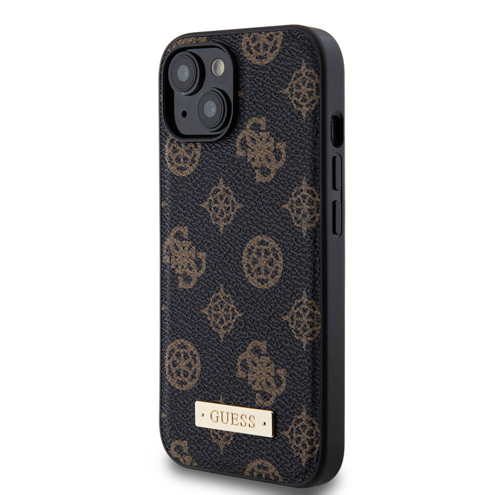 iPhone 15 Plus Kılıf Guess M-safe Şarj Özellikli PU Deri Desenli Metal Plaka Logolu Kılıf