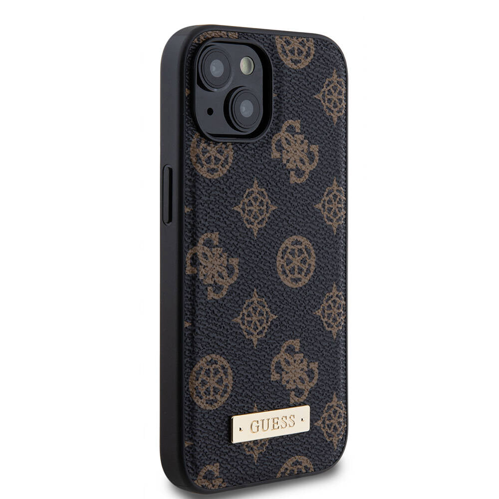 iPhone 15 Plus Kılıf Guess M-safe Şarj Özellikli PU Deri Desenli Metal Plaka Logolu Kılıf