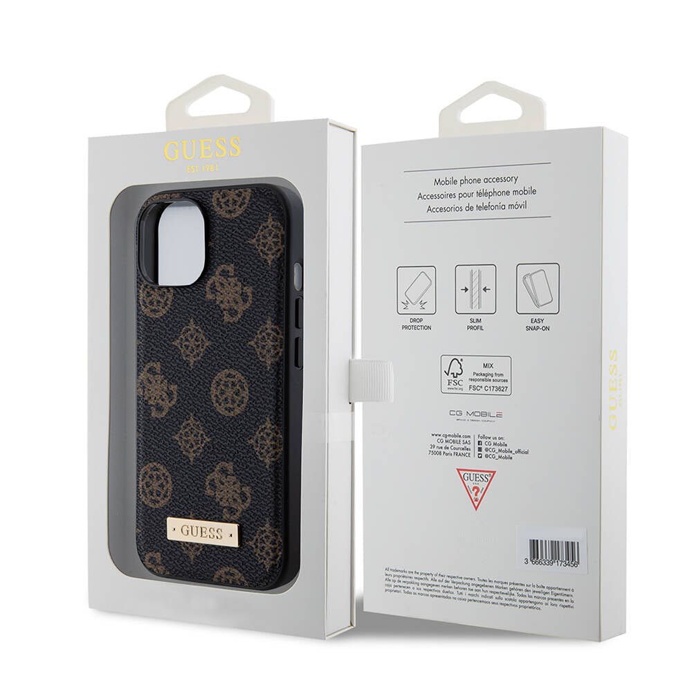 iPhone 15 Plus Kılıf Guess M-safe Şarj Özellikli PU Deri Desenli Metal Plaka Logolu Kılıf