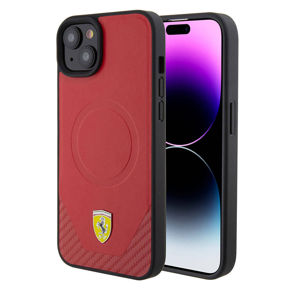 iPhone 15 Plus Kılıf Ferrari Orijinal Lisanslı M-safe Şarj Özellikli Metal Logolu PU Karbon Kılıf