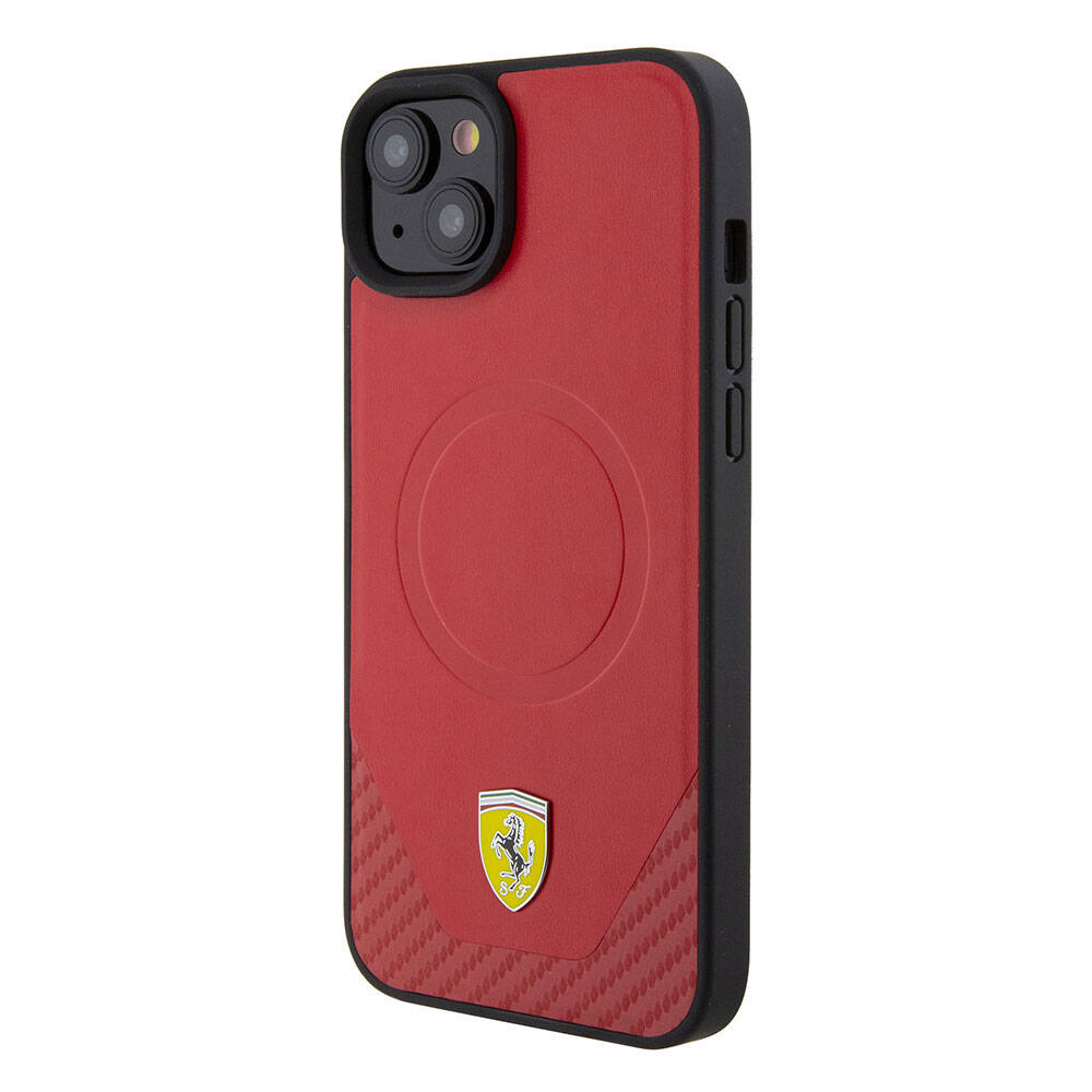 iPhone 15 Plus Kılıf Ferrari Orijinal Lisanslı M-safe Şarj Özellikli Metal Logolu PU Karbon Kılıf