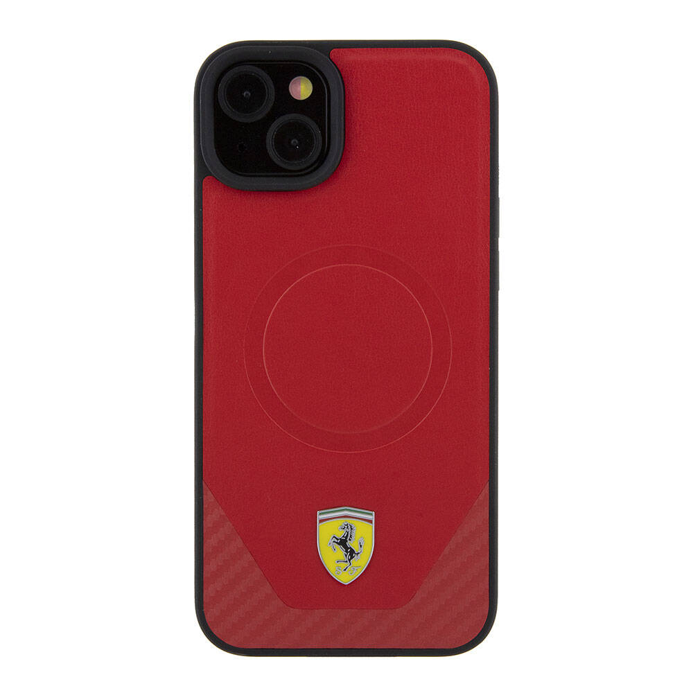 iPhone 15 Plus Kılıf Ferrari Orijinal Lisanslı M-safe Şarj Özellikli Metal Logolu PU Karbon Kılıf