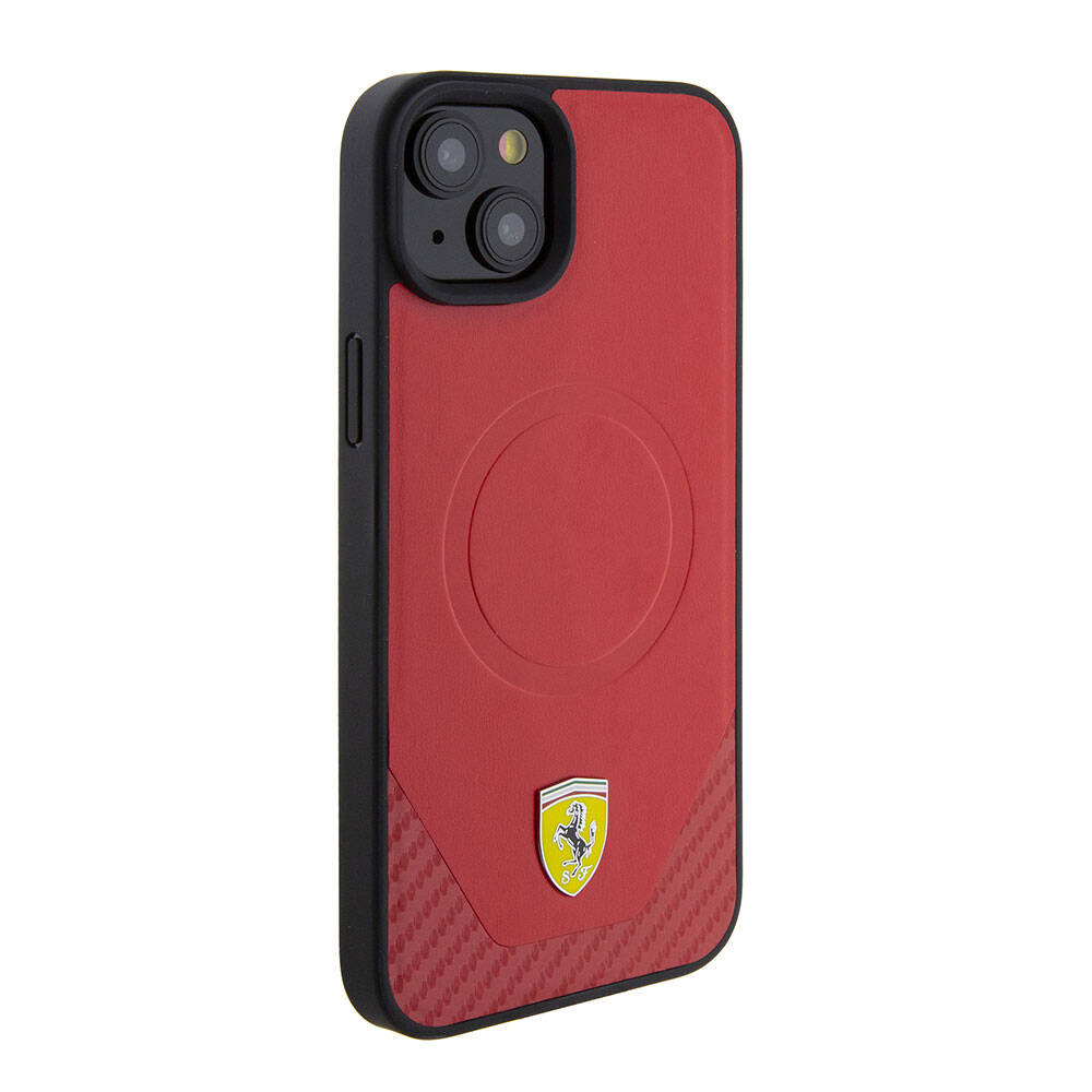 iPhone 15 Plus Kılıf Ferrari Orijinal Lisanslı M-safe Şarj Özellikli Metal Logolu PU Karbon Kılıf