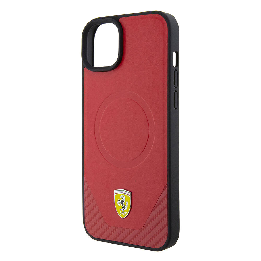 iPhone 15 Plus Kılıf Ferrari Orijinal Lisanslı M-safe Şarj Özellikli Metal Logolu PU Karbon Kılıf