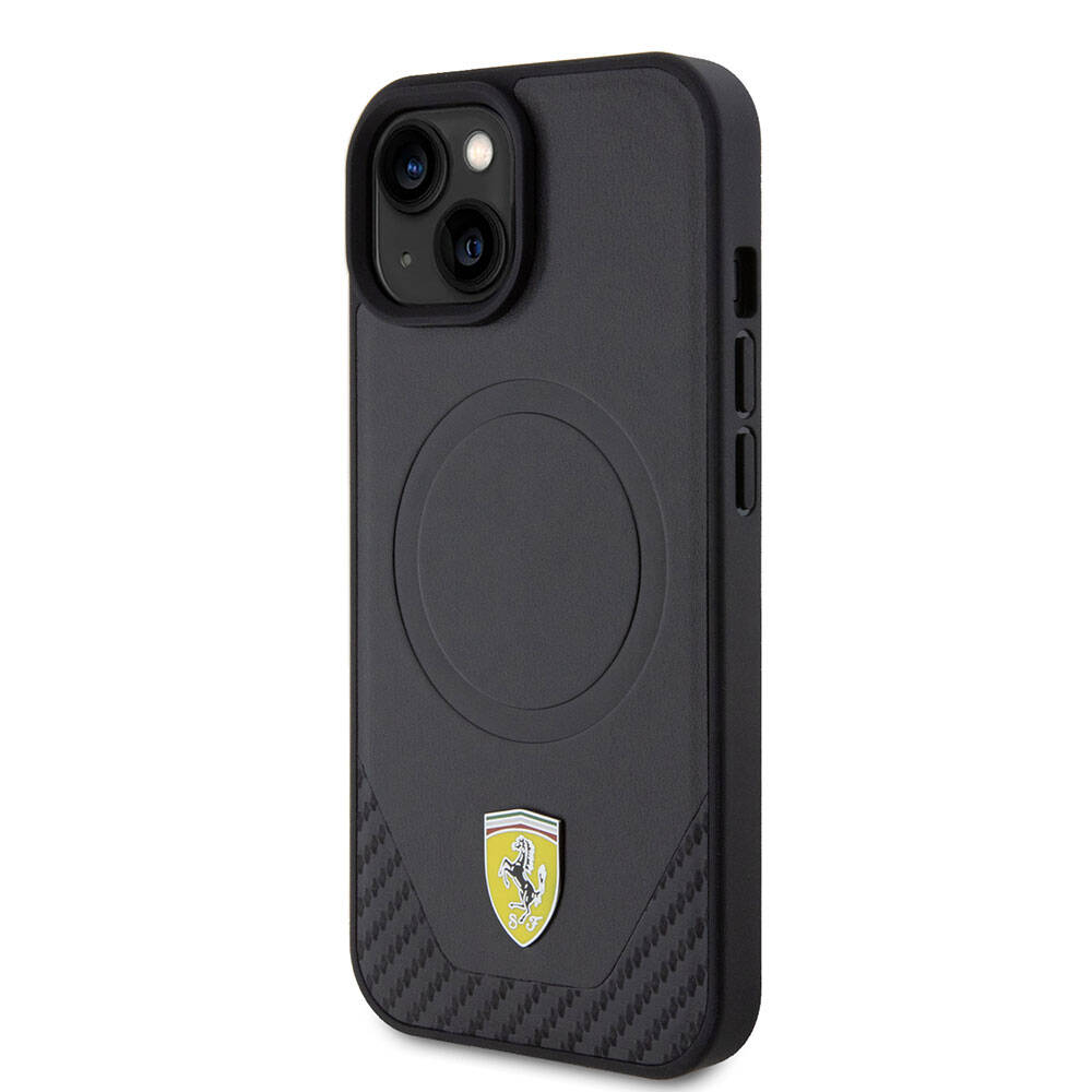iPhone 15 Plus Kılıf Ferrari Orijinal Lisanslı M-safe Şarj Özellikli Metal Logolu PU Karbon Kılıf