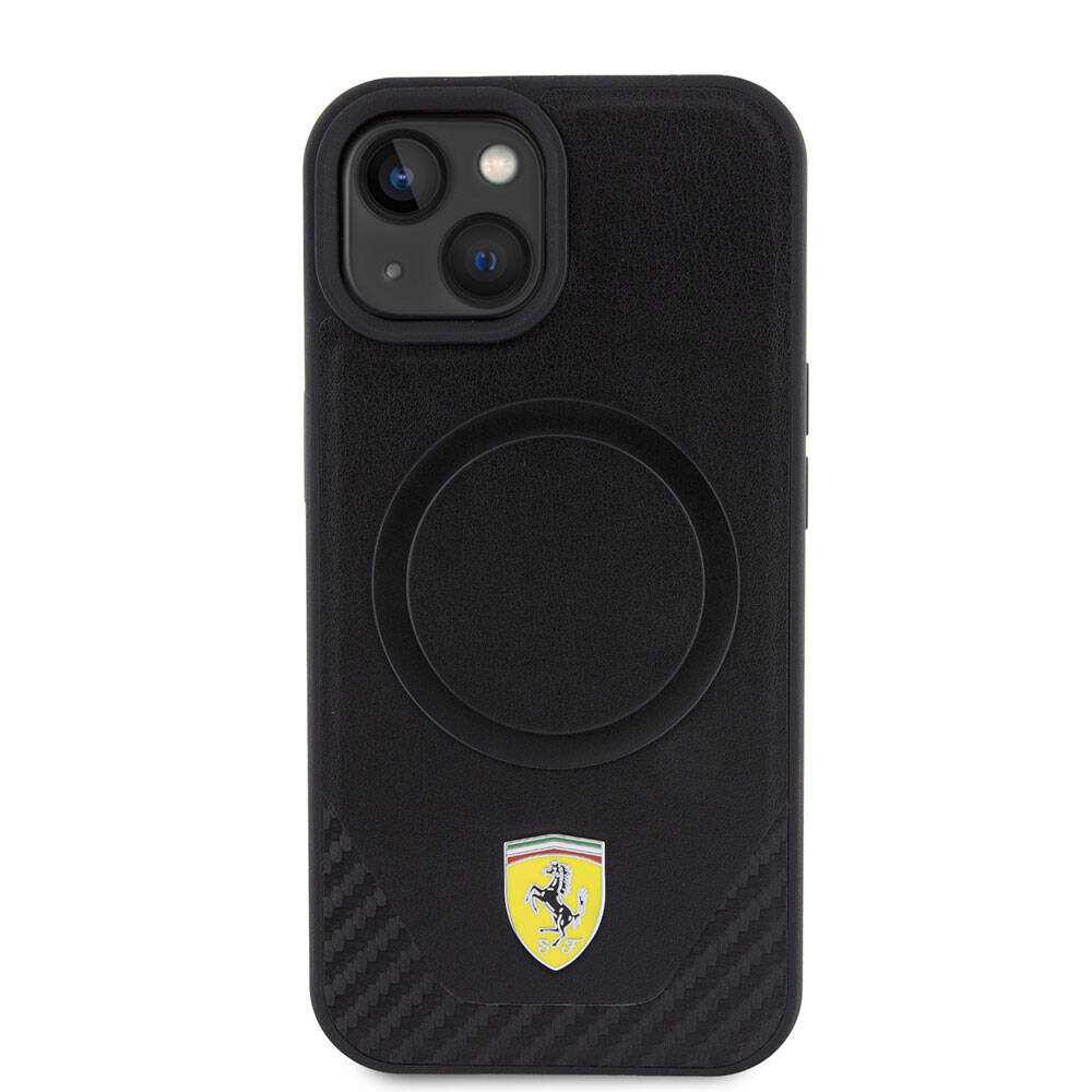 iPhone 15 Plus Kılıf Ferrari Orijinal Lisanslı M-safe Şarj Özellikli Metal Logolu PU Karbon Kılıf
