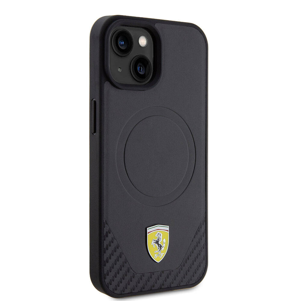 iPhone 15 Plus Kılıf Ferrari Orijinal Lisanslı M-safe Şarj Özellikli Metal Logolu PU Karbon Kılıf