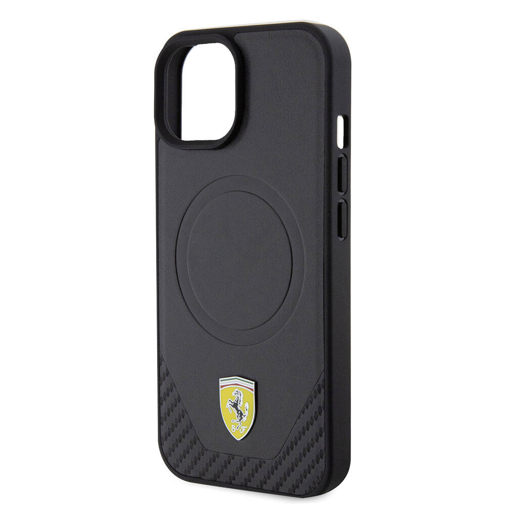 iPhone 15 Plus Kılıf Ferrari Orijinal Lisanslı M-safe Şarj Özellikli Metal Logolu PU Karbon Kılıf