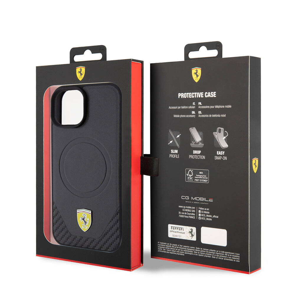 iPhone 15 Plus Kılıf Ferrari Orijinal Lisanslı M-safe Şarj Özellikli Metal Logolu PU Karbon Kılıf