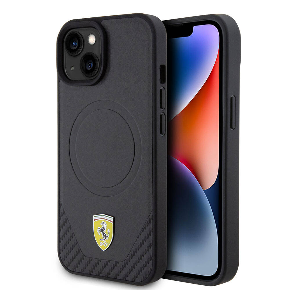 iPhone 15 Plus Kılıf Ferrari Orijinal Lisanslı M-safe Şarj Özellikli Metal Logolu PU Karbon Kılıf