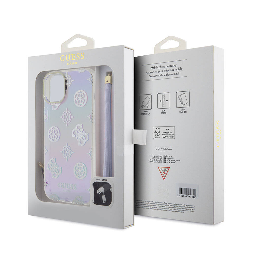 iPhone 15 Plus Kılıf Guess Orijinal Lisanslı Desenli Yazı Logolu Askı İpli Holografik Glitter Peony Kılıf