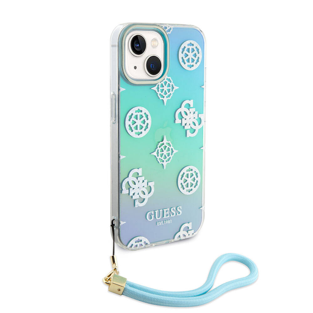 iPhone 15 Plus Kılıf Guess Orijinal Lisanslı Desenli Yazı Logolu Askı İpli Holografik Glitter Peony Kılıf