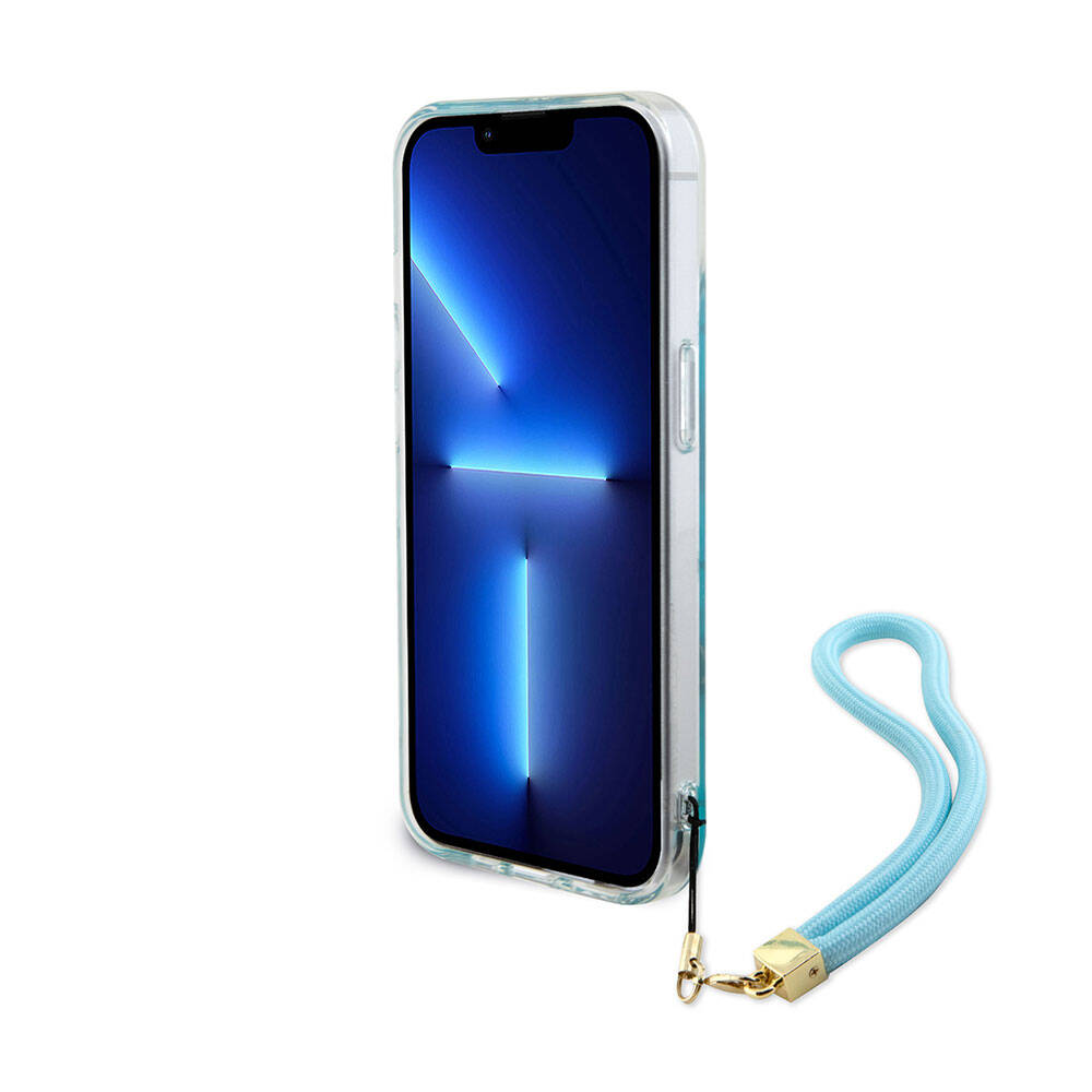 iPhone 15 Plus Kılıf Guess Orijinal Lisanslı Desenli Yazı Logolu Askı İpli Holografik Glitter Peony Kılıf