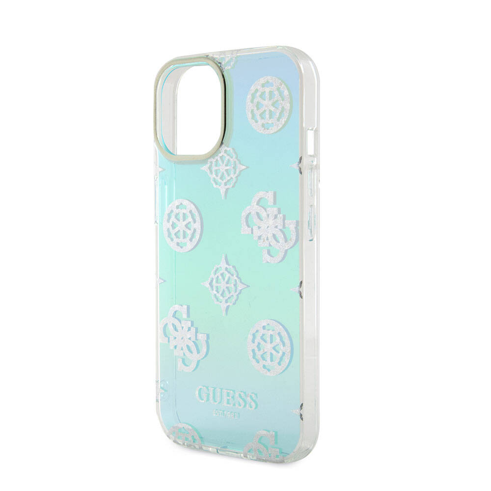 iPhone 15 Plus Kılıf Guess Orijinal Lisanslı Desenli Yazı Logolu Askı İpli Holografik Glitter Peony Kılıf