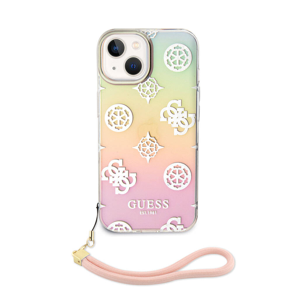 iPhone 15 Plus Kılıf Guess Orijinal Lisanslı Desenli Yazı Logolu Askı İpli Holografik Glitter Peony Kılıf