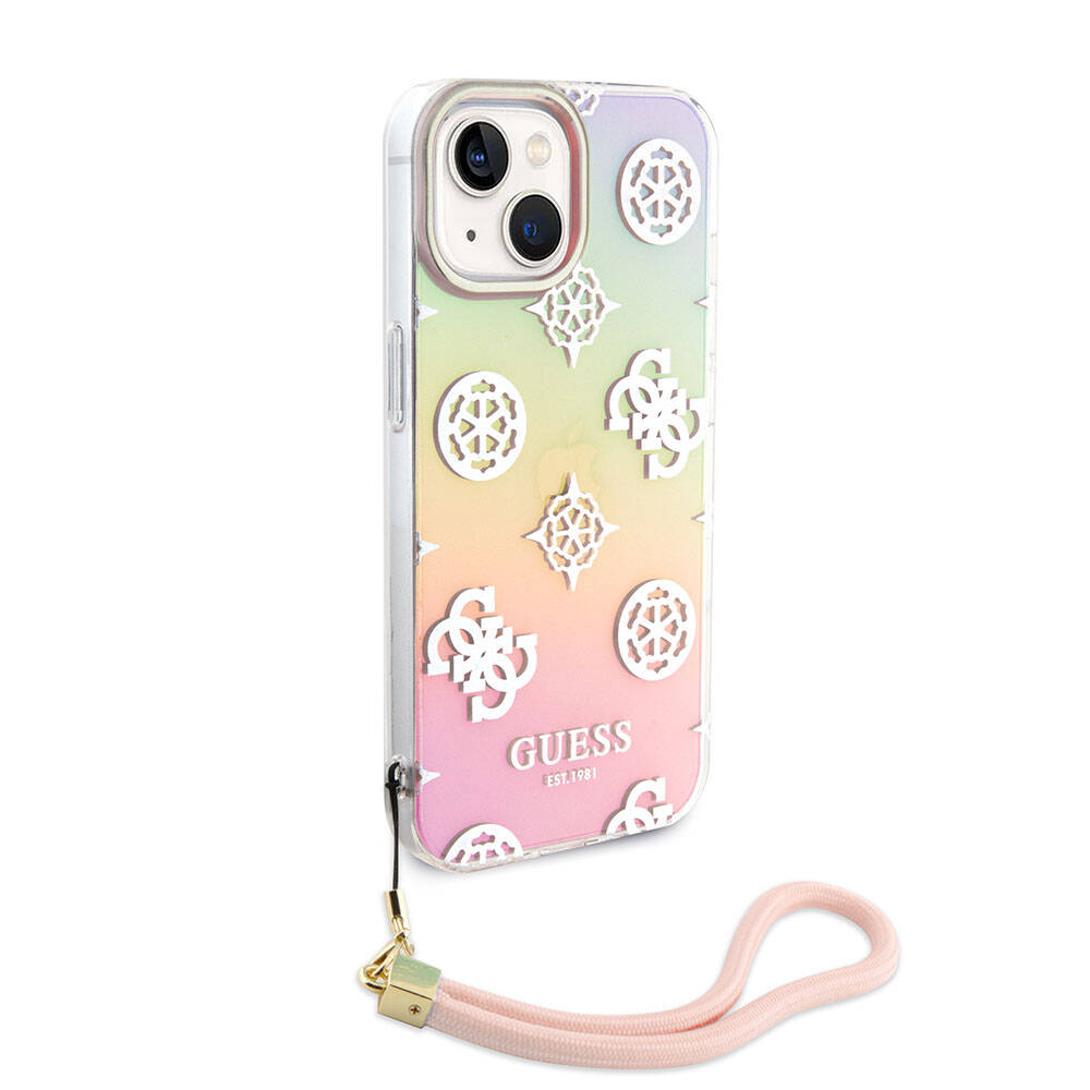 iPhone 15 Plus Kılıf Guess Orijinal Lisanslı Desenli Yazı Logolu Askı İpli Holografik Glitter Peony Kılıf