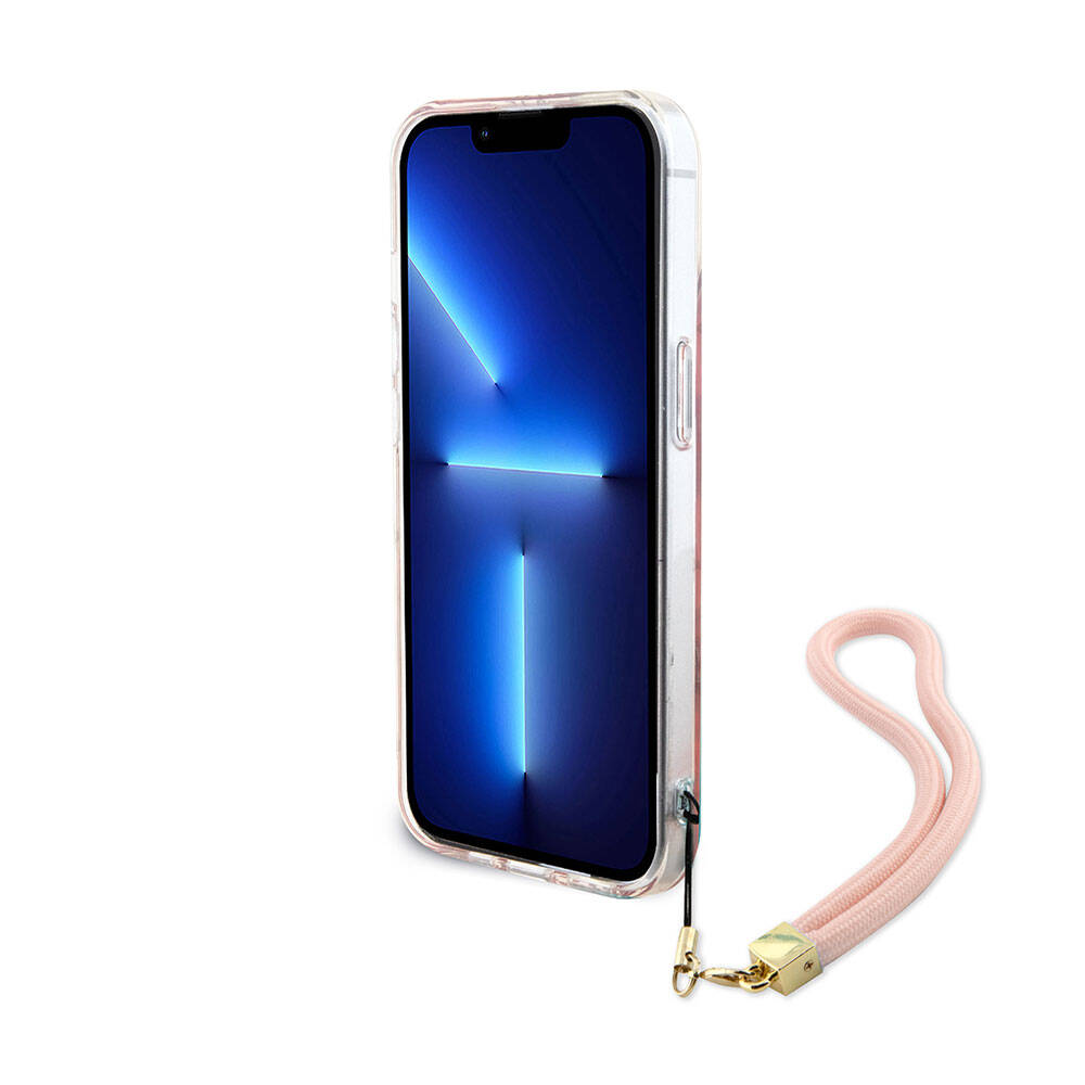 iPhone 15 Plus Kılıf Guess Orijinal Lisanslı Desenli Yazı Logolu Askı İpli Holografik Glitter Peony Kılıf