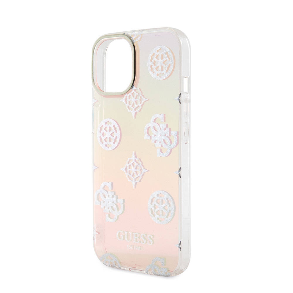 iPhone 15 Plus Kılıf Guess Orijinal Lisanslı Desenli Yazı Logolu Askı İpli Holografik Glitter Peony Kılıf
