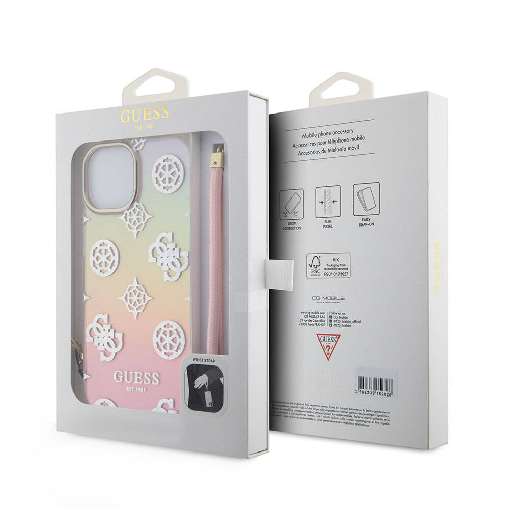 iPhone 15 Plus Kılıf Guess Orijinal Lisanslı Desenli Yazı Logolu Askı İpli Holografik Glitter Peony Kılıf