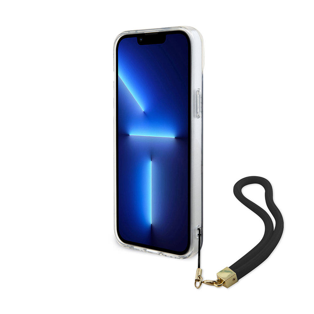 iPhone 15 Plus Kılıf Guess Orijinal Lisanslı Desenli Yazı Logolu Askı İpli Holografik Glitter Peony Kılıf