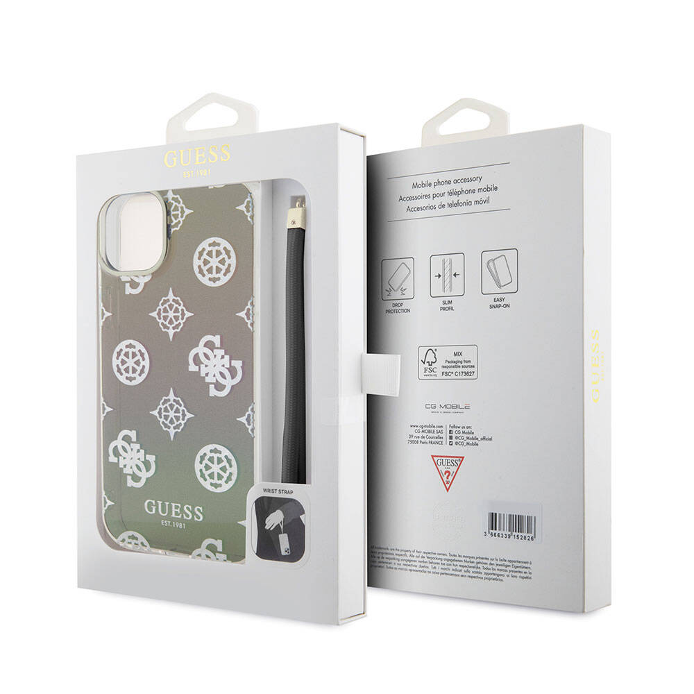 iPhone 15 Plus Kılıf Guess Orijinal Lisanslı Desenli Yazı Logolu Askı İpli Holografik Glitter Peony Kılıf