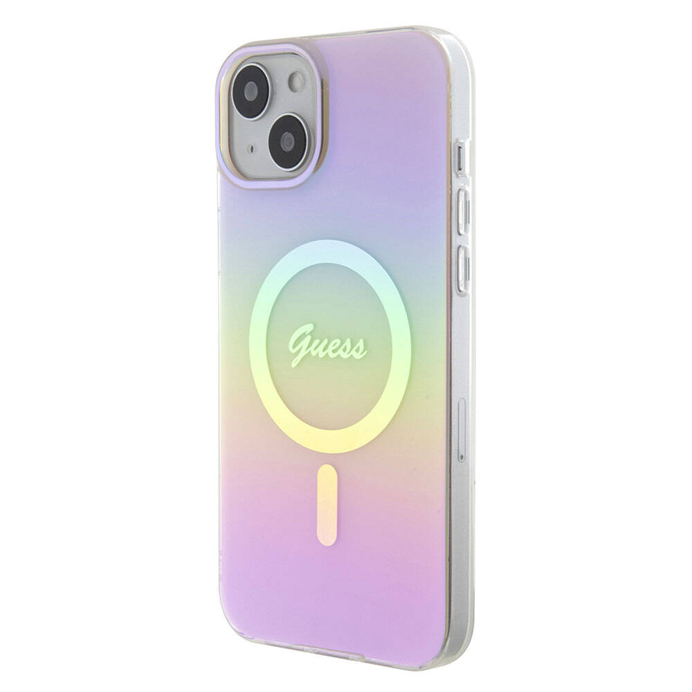 iPhone 15 Plus Kılıf Guess Orijinal Lisanslı M-safe Şarj Özellikli Yazı Logolu Iridescent Kılıf