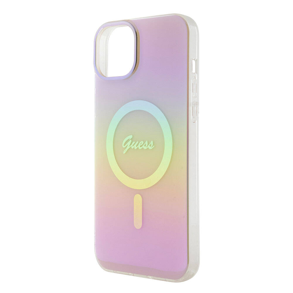 iPhone 15 Plus Kılıf Guess Orijinal Lisanslı M-safe Şarj Özellikli Yazı Logolu Iridescent Kılıf