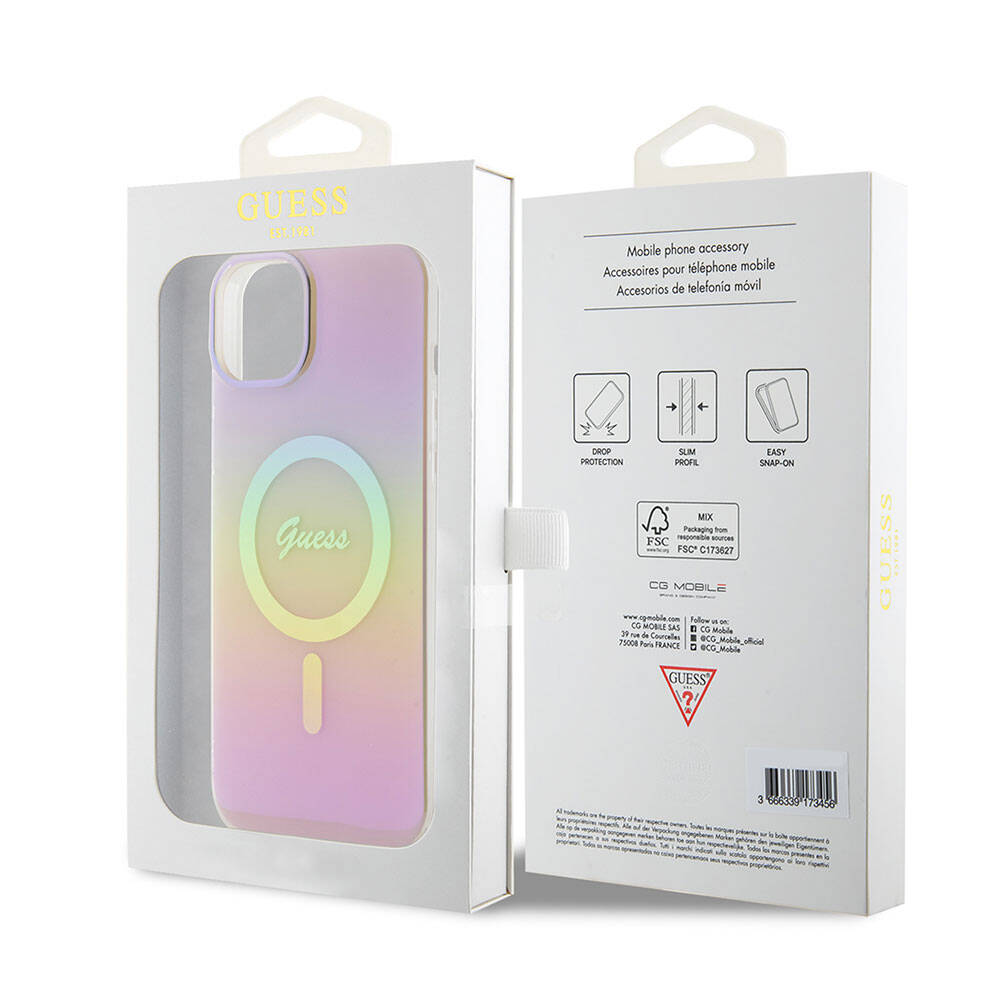 iPhone 15 Plus Kılıf Guess Orijinal Lisanslı M-safe Şarj Özellikli Yazı Logolu Iridescent Kılıf