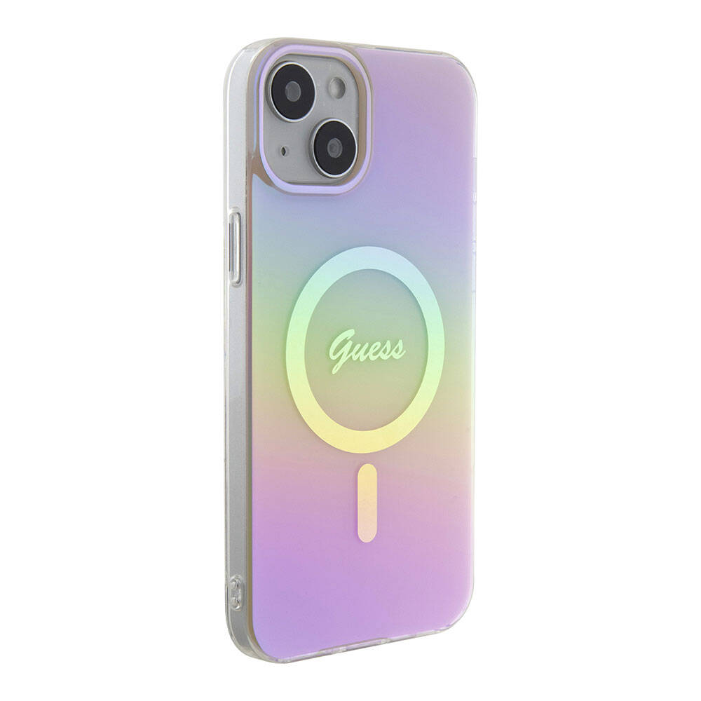 iPhone 15 Plus Kılıf Guess Orijinal Lisanslı M-safe Şarj Özellikli Yazı Logolu Iridescent Kılıf